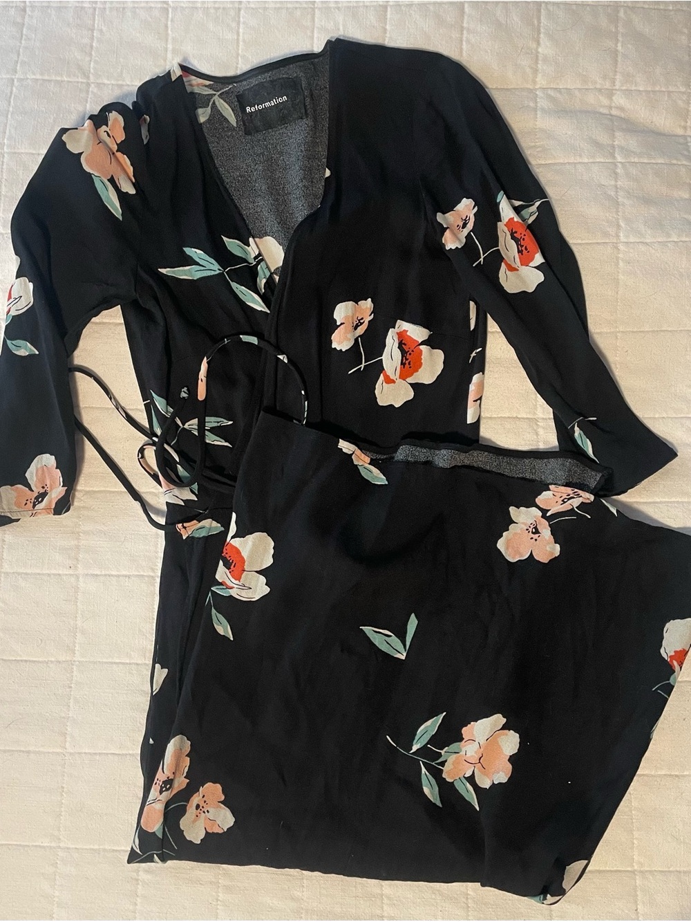 Reformation Black Floral Wrap Dress with Peach Blooms